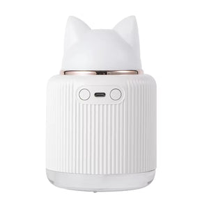 Cute cat-shaped portable mini humidifier with soft night light glow, compact size 